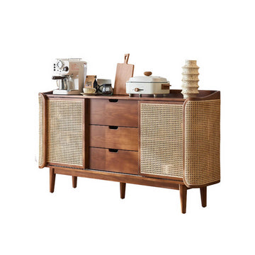 63" Rattan Dresser with 3 Drawers, Shelves, Doors Included - Walnut